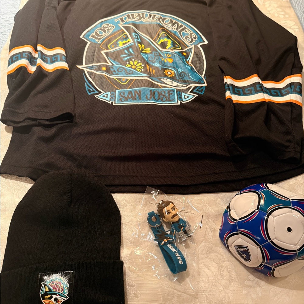 San Jose Los Tiburones Black Jersey and Beanie with SJ Sharks Mini Soccer Ball